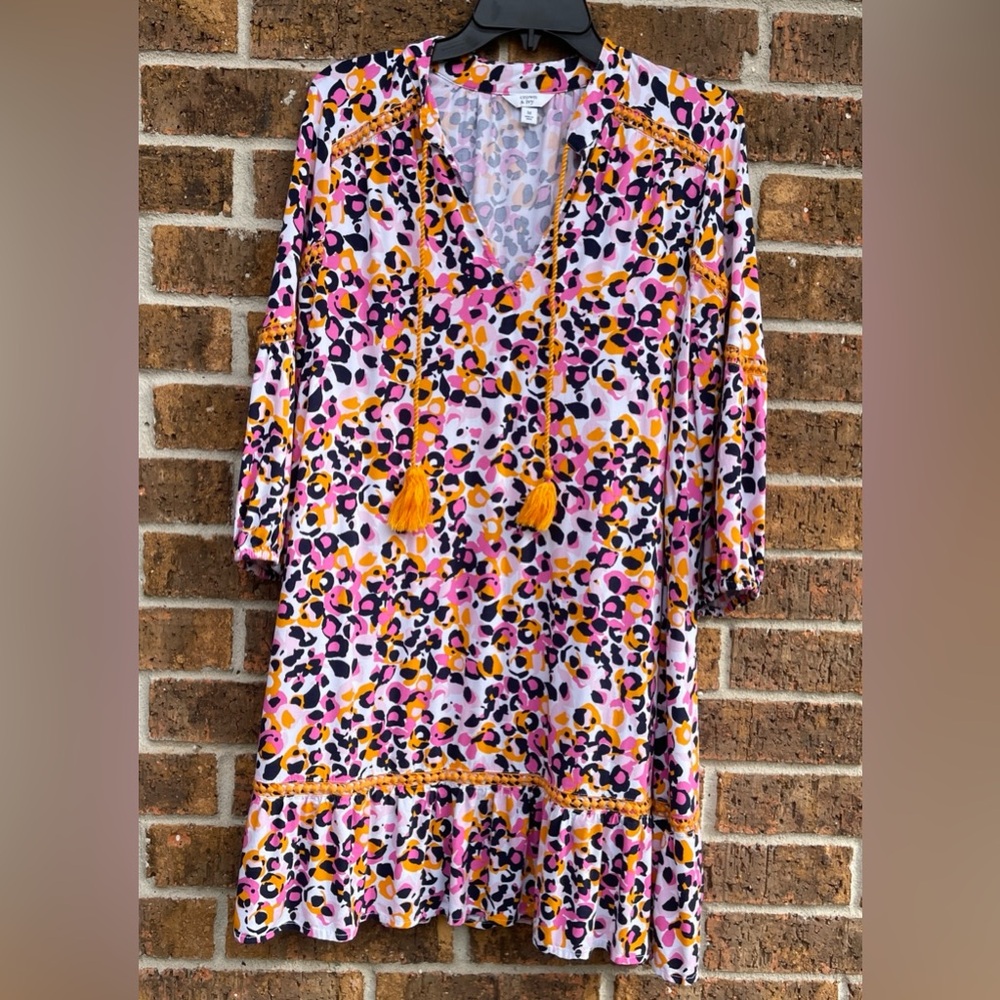 Crown & Ivy Multicolor Leopard Print Peasant Dress Coverup Sz M Boho